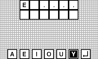 Capture du jeu en cours, un mot de six lettres doit être deviné, la première lettre est affichée, le joueur tape les lettres avec un clavier de voyelles situé en bas de l'écran, comprenant également une touche entrée.