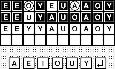 Capture du jeu en cours, un mot de dix lettres a été deviné (Eeyyauoaoy), les lettres clignotent de tous les motifs disponibles (lettre trouvée, lettre non trouvée, lettre mal placée).