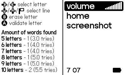 Screenshot du menu de pause du jeu, affichant les contrôles et les scores moyens par nombre de lettres.