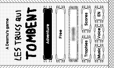 Screenshot of the game title screen, showing its logo and the menu, with Adventure, Free, a hidden option, Trophies, Scores, Music, Voice and EN.