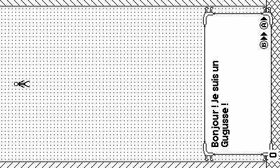 Capture du jeu en cours lors d'une phase de dialogues entre un Gugusse et Georges. Le Gugusse essaie d'expliquer qu'il va tomber et que Georges devrait esquiver, mais il trouve pas les mots et s'embourbe dans des phrases sans aucun sens.