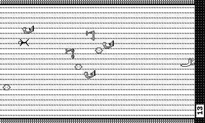 Capture du jeu en cours lors d'une phase d'action, Georges se déplace à l'écran en essayant d'esquiver des trucs qui tombent plus ou moins vite et dans des directions variées.