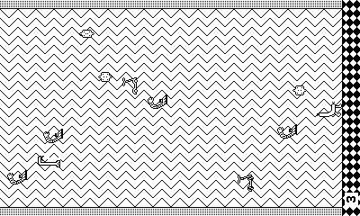 Screenshot d'une phase d'action du jeu, Georges se déplace à l'écran en essayant d'esquiver des trucs qui tombent.