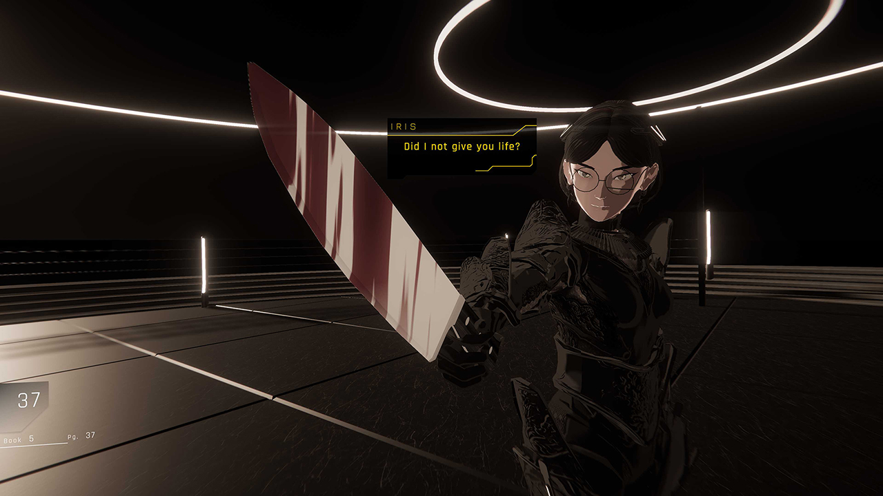 Screenshot du jeu, un jeu en 3D aux couleurs saturées. On voit ici Iris, une hong-kongaise en costume futuriste noir, brandir un couteau en disant "Did I not give you life ?".