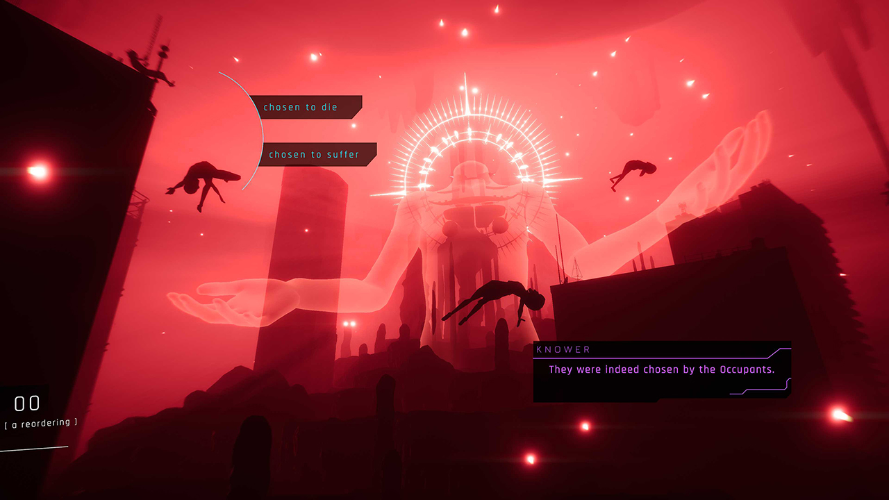 Screenshot du jeu, on voit un Occupant (extraterrestre prenant la forme d'un corps humain géant dont la tête a été remplacée par un motif circulaire complexe) dans une vision métaphorique de la souffrance infligée aux humains.