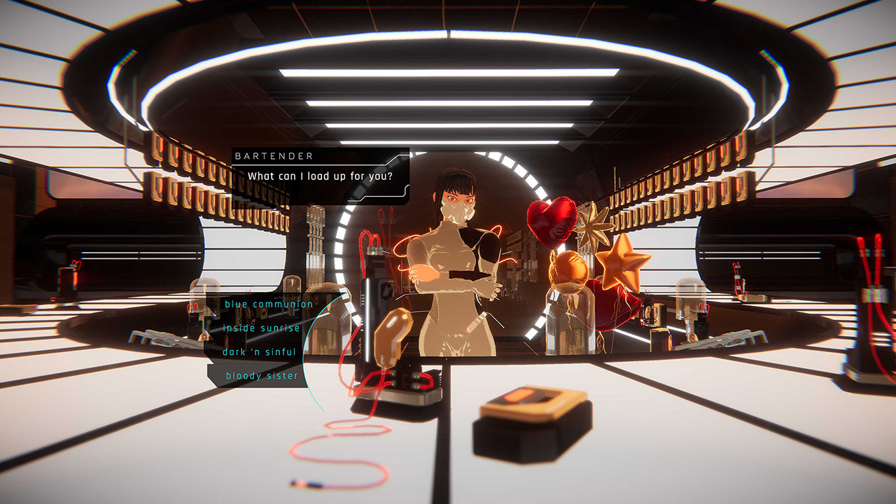 Screenshot du jeu, on est au bar face à la Barmaid, un clone d'Iris donc, dans un costume majoritairement blanc, avec un masque.