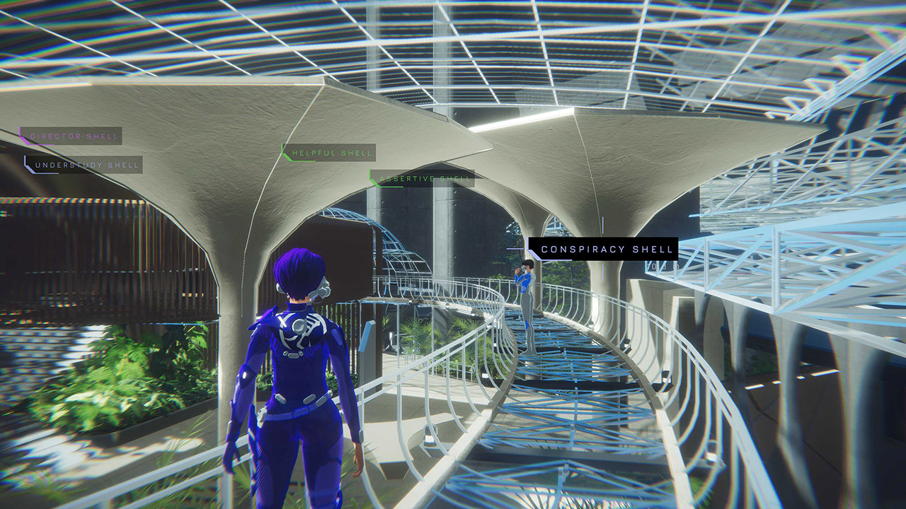 Screenshot du jeu, Qui-Observe se balade dans le Verger, l'endroit où vivent les clones. C'est une structure close comprenant un jardin en son centre et des ponts de verre qui traversent l'endroit.