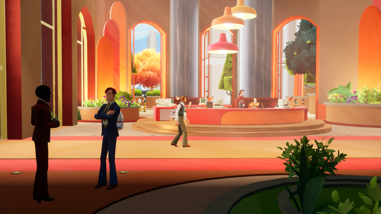 Screen du jeu, en 3D low-poly vu de côté. On est dans un bâtiment avec beaucoup de hauteur sous-plafond, peint en nuances d'orange. Au centre de l'écran, on voit Trevor, coupe mulet, moustache touffue, pull jacquard. Il a 28 ans.