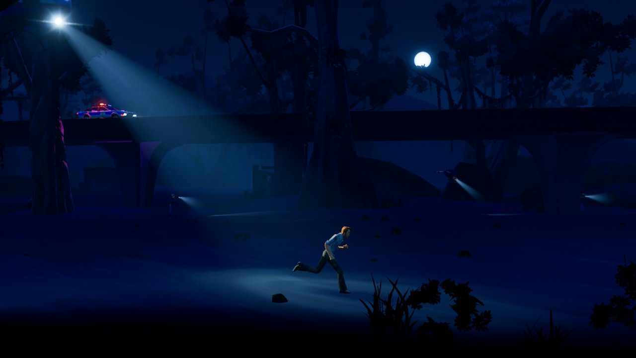 Screen d'une phase en 2D de Trevor. Il fait nuit, on est en extérieur, Trevor est pourchassé par des phares contrôlés par des hélicoptères et des voitures de police.