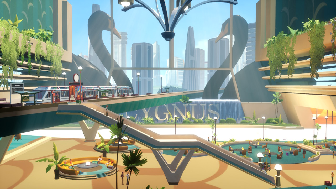 Screen du jeu, encore une phase Trevor. Sorti d'un tram, il descend un escalier dans l'hôtel Cygnus, un hôtel avec encore plus de hauteur sous-plafond que son bureau. Il y a des fontaines, de grandes baies vitrées, des plantes qui dépassent des balcons.