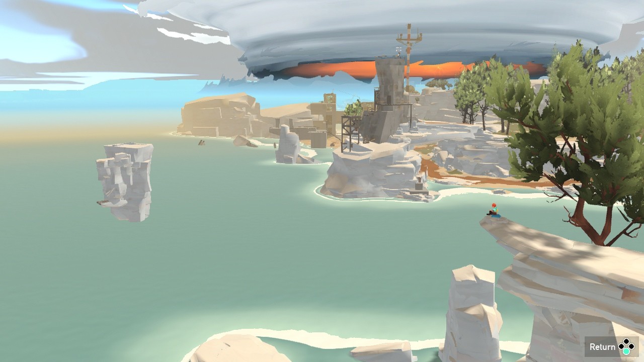 Screenshot du jeu d'une scène de contemplation, un paysage en bord de mer. On voit des récifs, des arbres et du sable, ainsi que quelques constructions métalliques au loin. Plus loin encore, on voit une gigantesque tornade.