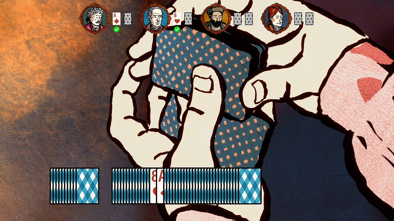 Screenshot du jeu, l'on voit un paquet de cartes être mélangé, et l'on voit le détail de l'état de la pile de cartes avec une attention sur deux cartes dont on surveille l'emplacement pendant le mélange.