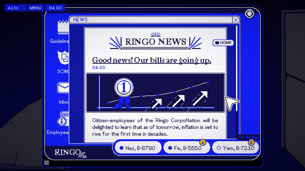 Screenshot du jeu. Un jeu en nuances de bleu foncé vif avec du blanc et du noir. On y voit un Bureau d'ordinateur et une fenêtre ouverte sur l'application d'actualités où une des nouvelles se réjouit que l'inflation augmente.