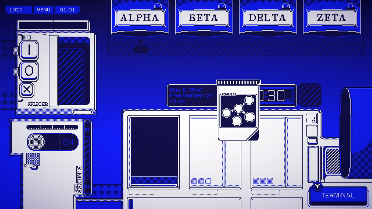 Screenshot de l'interface de tri, on voit trois compartiments desquels sortent de petits sachets illustrés d'information quant à leurs contenus, quatre tubes Alpha, Beta, Delta et Zeta, un tube de rebuts, et deux machines sur les côtés nommés Épisseur et Mixeur.
