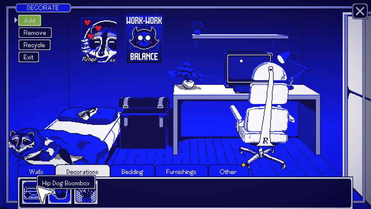 Screenshot d'un studio décoré, avec des posters représentant le raton-laveur mascotte de l'entreprise, un lit défait, une chaise de g@mer, une plate-verte, et une malle pour ranger tout le merdier qu'on a acheté.