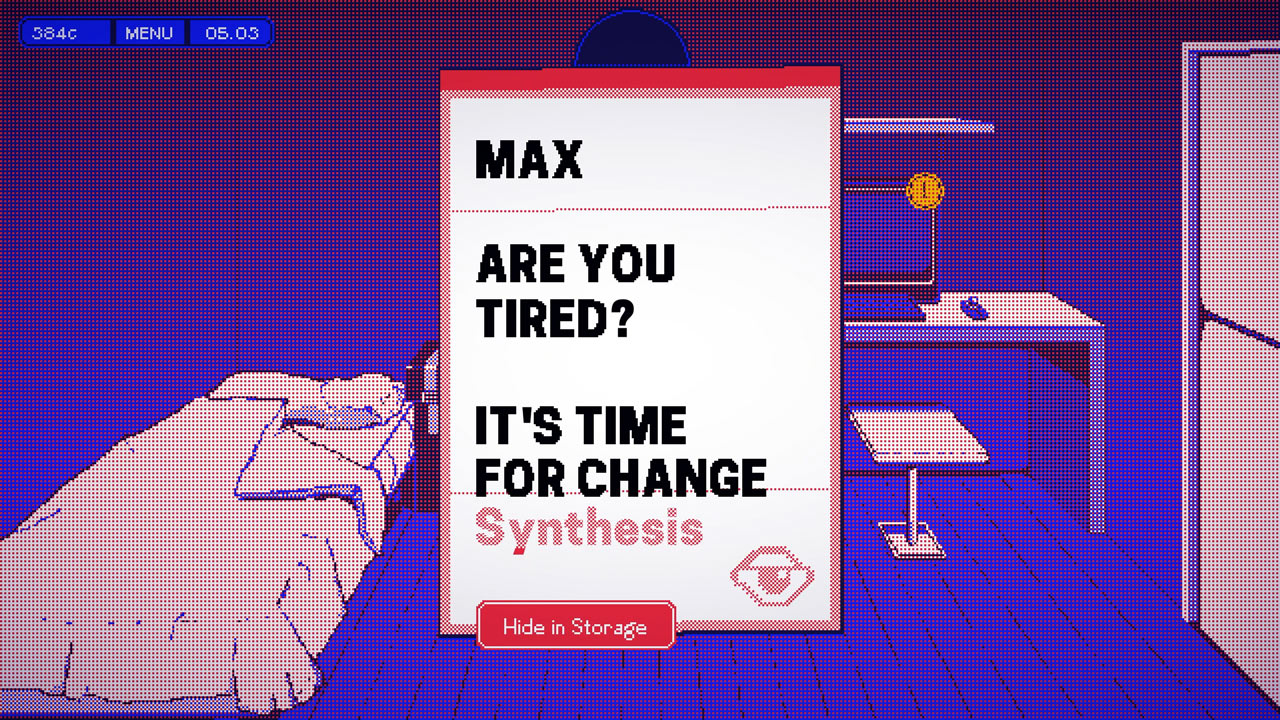 Screenshot du studio alors que vous observez un tract au code couleur rouge vif détonnant avec le reste du jeu, un tract appelant au changement, signé par l'organisation Synthesis.