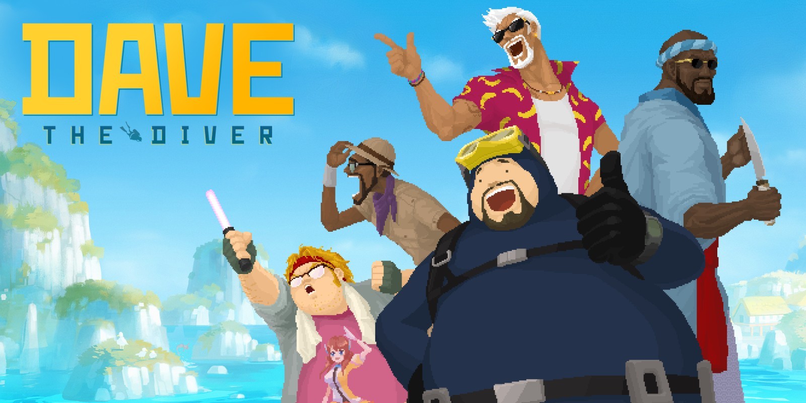 Artwork de présentation du jeu. En fond, on voit l'océan parsemé de falaises qui sortent de l'eau, sous un ciel bleu. À l'avant, on voit des personnages en plus du logo du jeu : un type en combinaison de plongée (Dave), un cuisinier avec son couteau et habillé en vêtements traditionnels asiatiques (Bancho), un vieux roublard avec une chemise hawaïenne (Cobra), un scientifique en habits de colon (Dr. Bacon) et un nerd dont le t-shirt représente une loli (Duff).