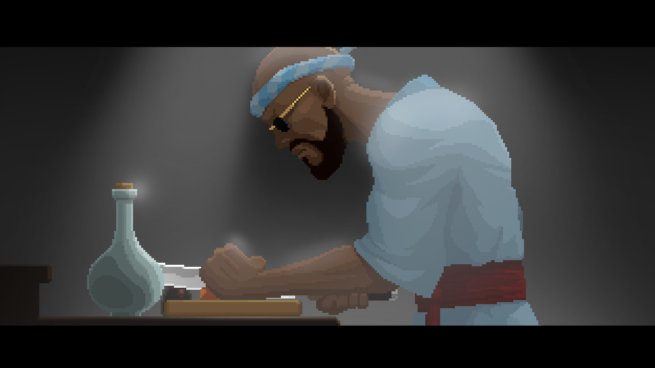 Screen d'une cinématique en 2D pixelisée, on voit le chef cuisinier découper une pièce de viande.