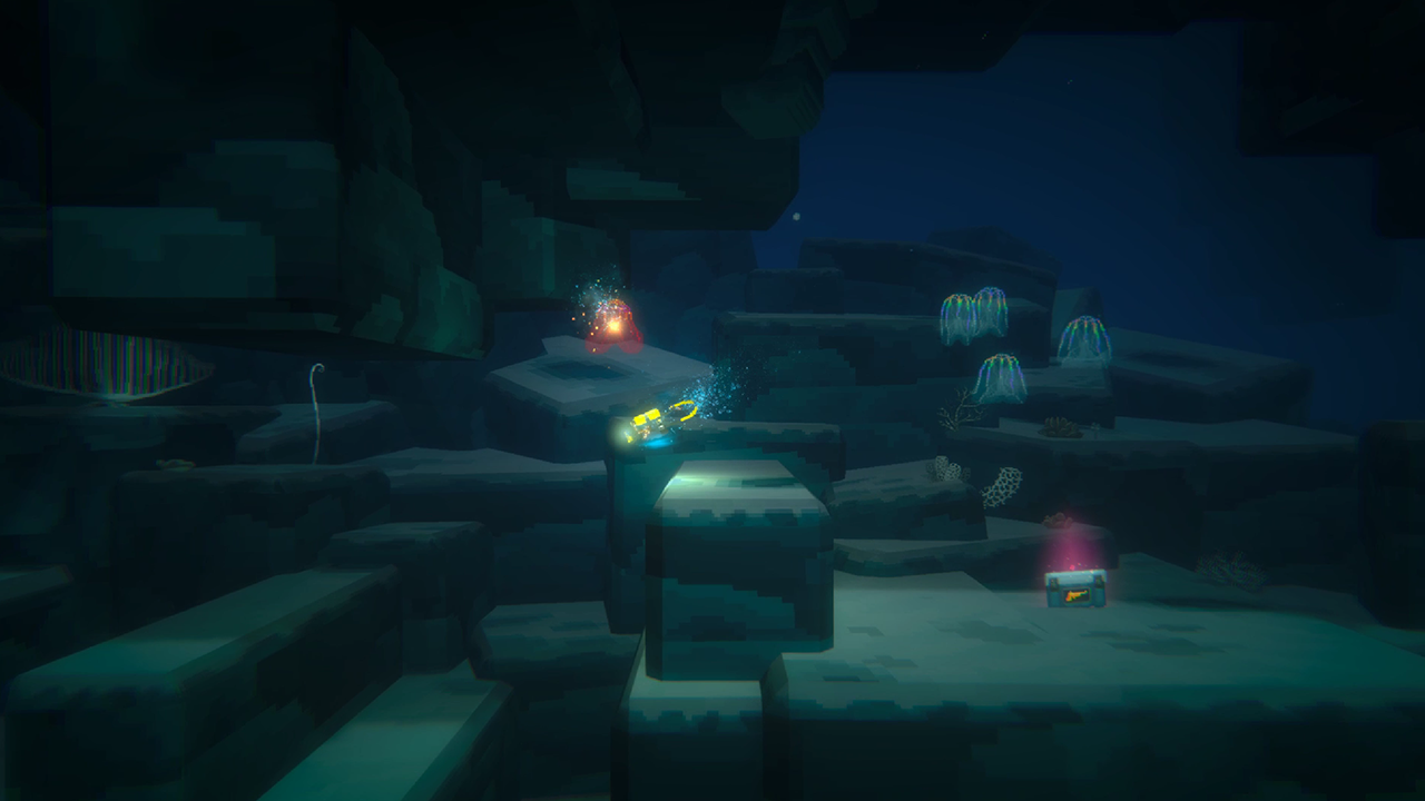 Screen d'une plongée, cette fois dans les abysses. Il fait sombre, on est entouré de beaucoup de rochers, et de méduses translucides bleues et rouges.
