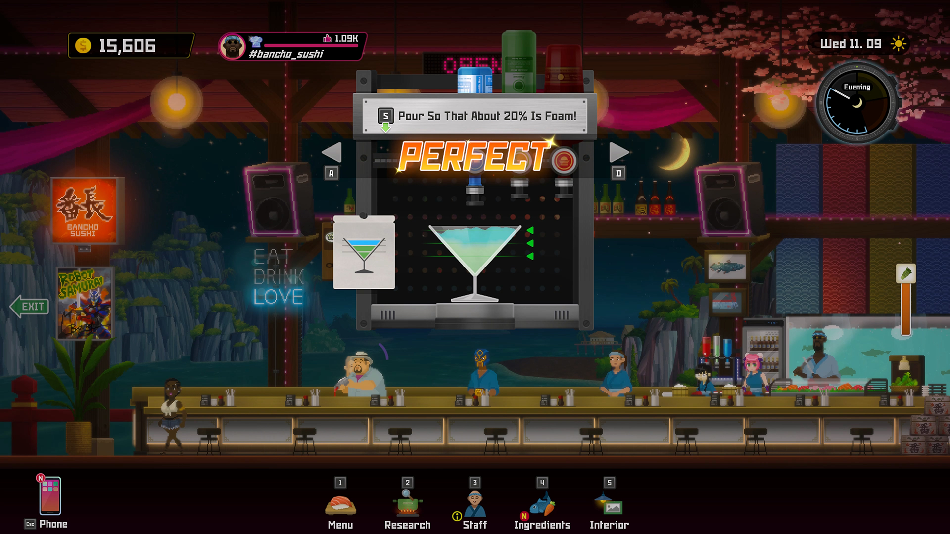 Screen en restaurant, notre plongeur prépare un cocktail, ici en versant deux portions de liquide vert puis une portion de liquide bleu.