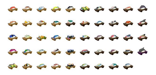 Feuille de sprites de plusieurs dizaines de types de sushis croisés dans le jeu.