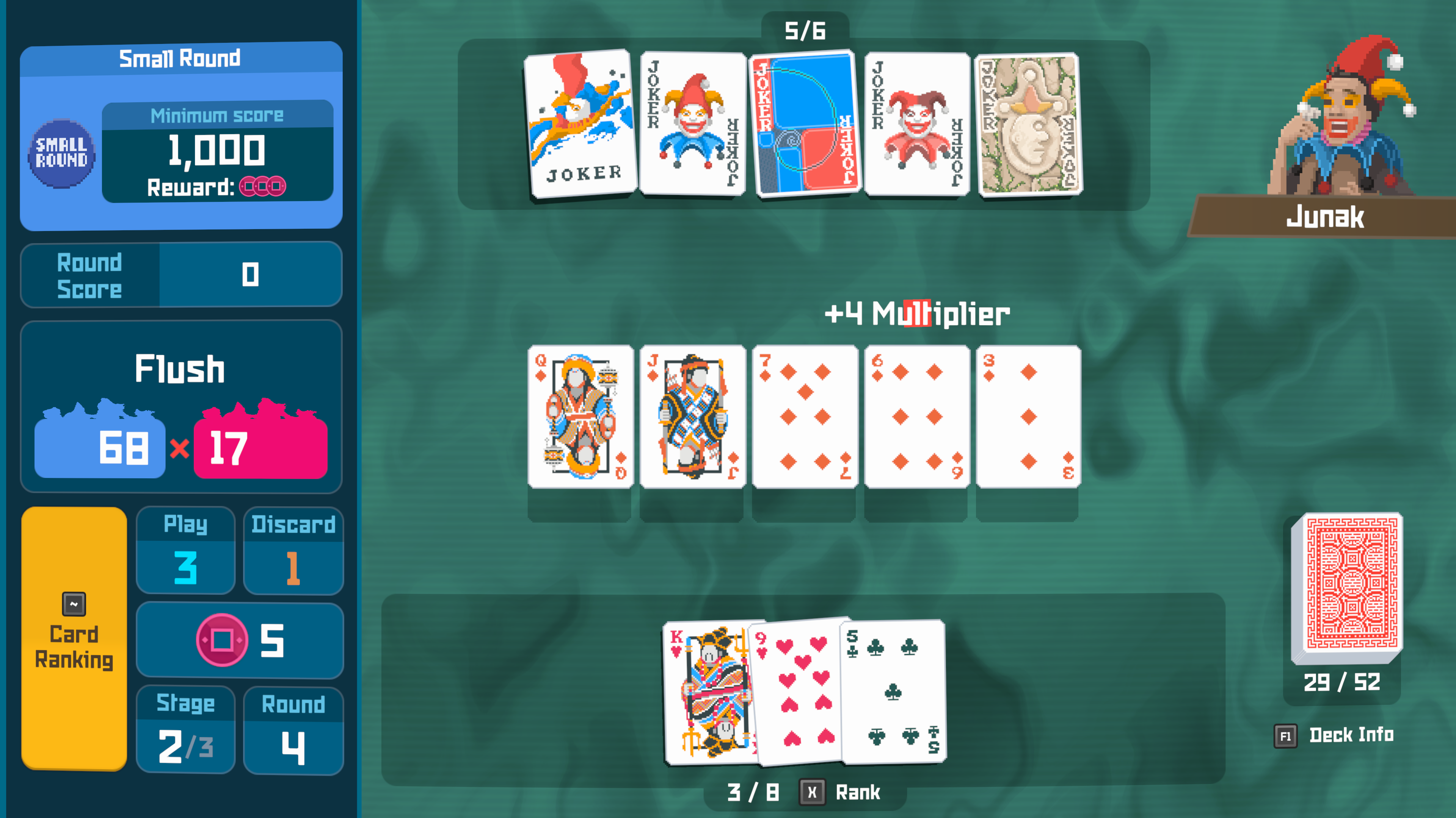 Screen du jeu, c'est littéralement l'interface de Balatro, mais dans Dave The Diver. On joue des cartes pour compléter des mains de poker, avec des jokers multiplicateurs, des points indiqués sur le côté avec des multiplicateurs et indicateurs de progression de la partie.