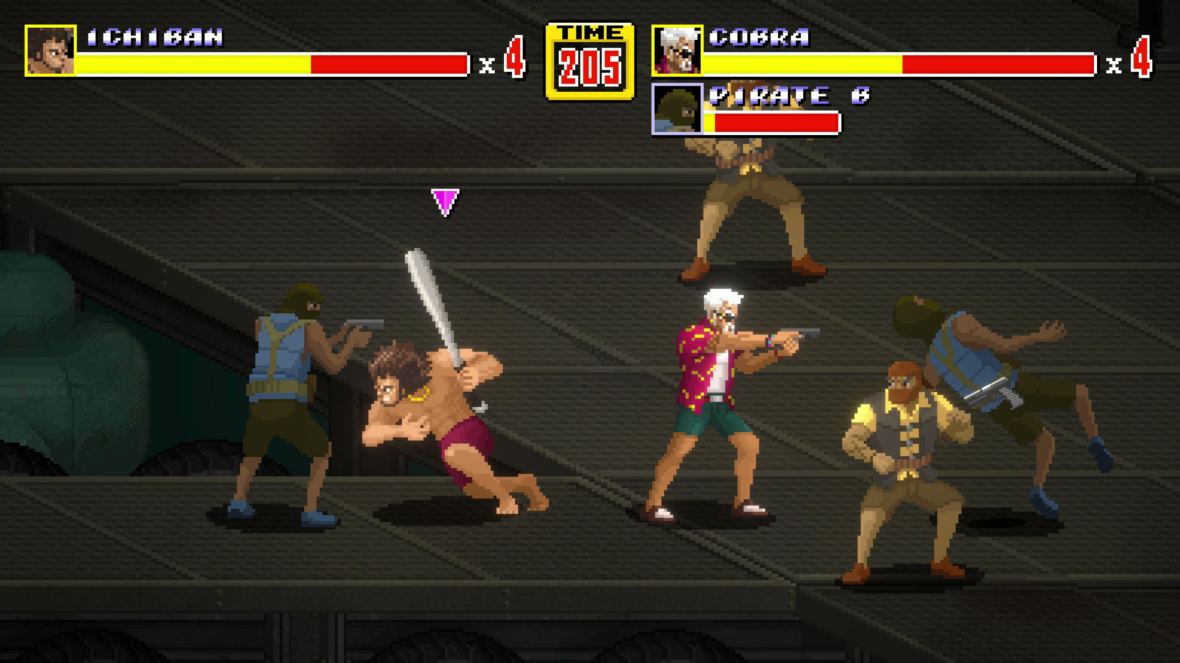 Screen du jeu pendant cette fameuse phase de jeu de combat, on voit Ichiban (ah oui, c'est ça le nom du perso de Yakuza) et Cobra (le perso du jeu de base) attaquer des pirates marins dans une base secrète. Ils ont tous deux des grandes barres de vies, celles des ennemis sont plus petites.