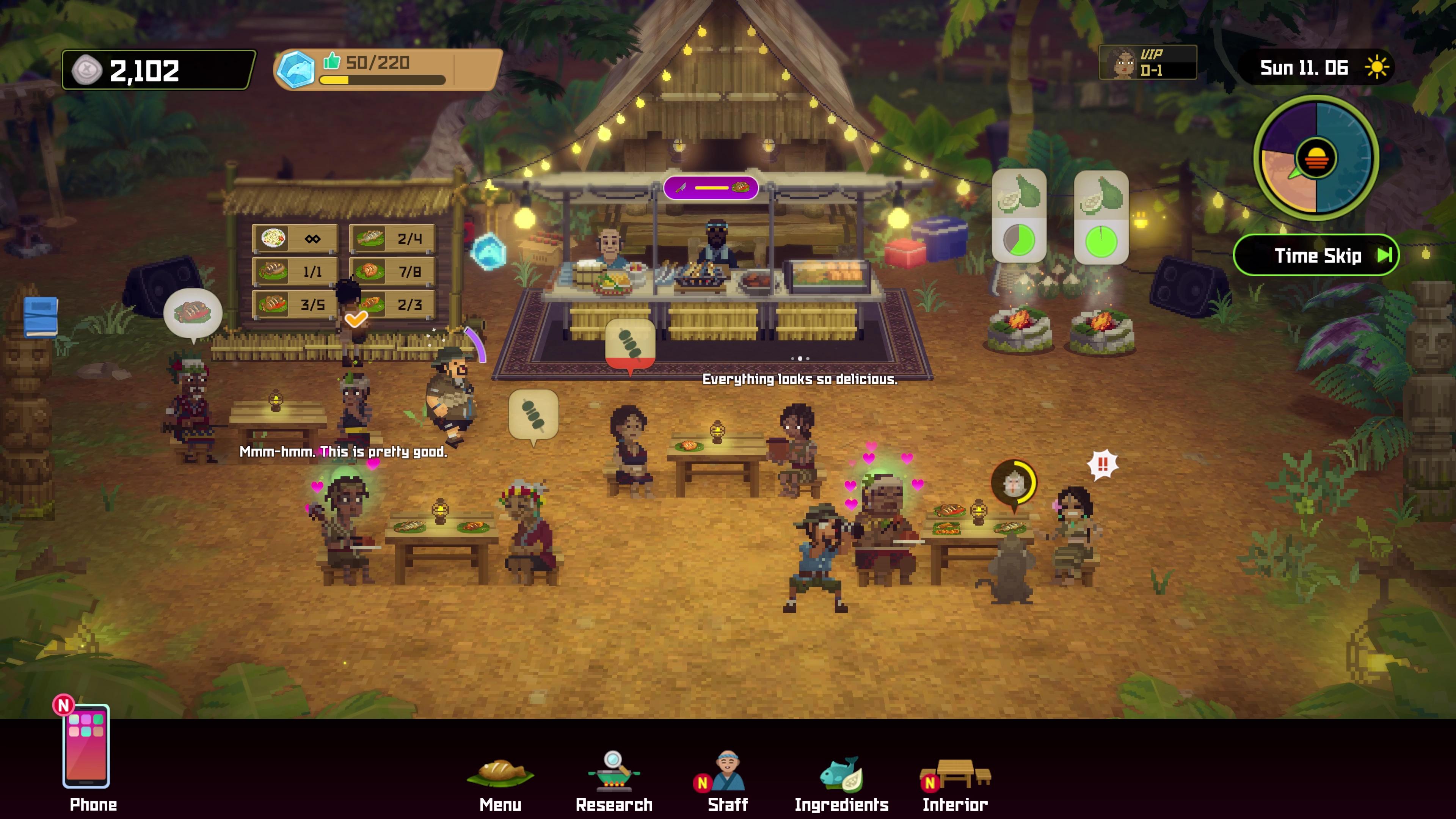 Screen de la zone du grill, le jeu est cette fois en vue du-dessus, on se déplace entre les tables où siègent les clients, face au cuisinier. Il y a deux grills annexes pour faire des brochettes nous-mêmes.