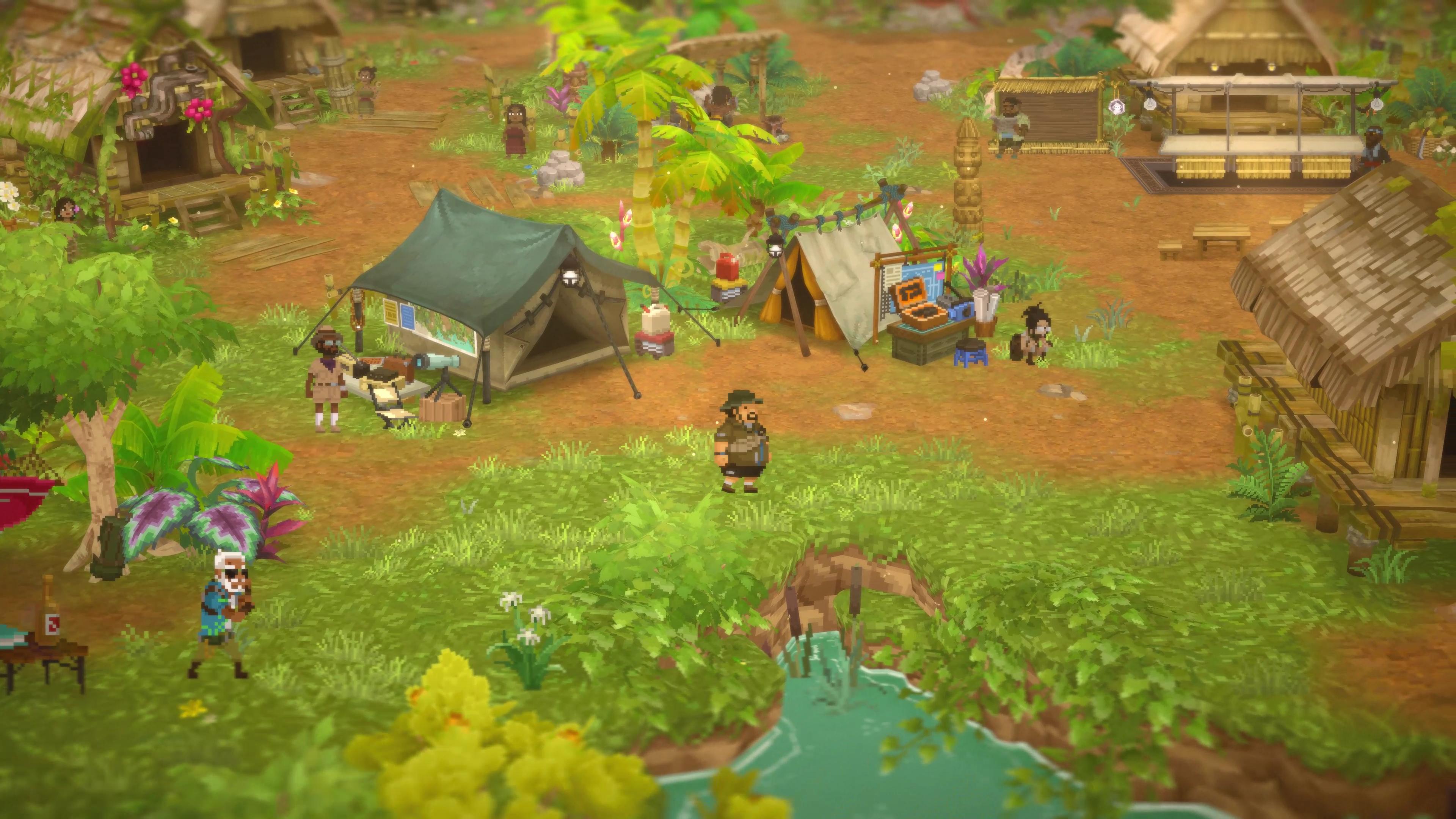 Screen du village, notre plongeur est en tenue de colon, au milieu d'un plateau ponctué de palmiers, de maisons en bois et de tentes.