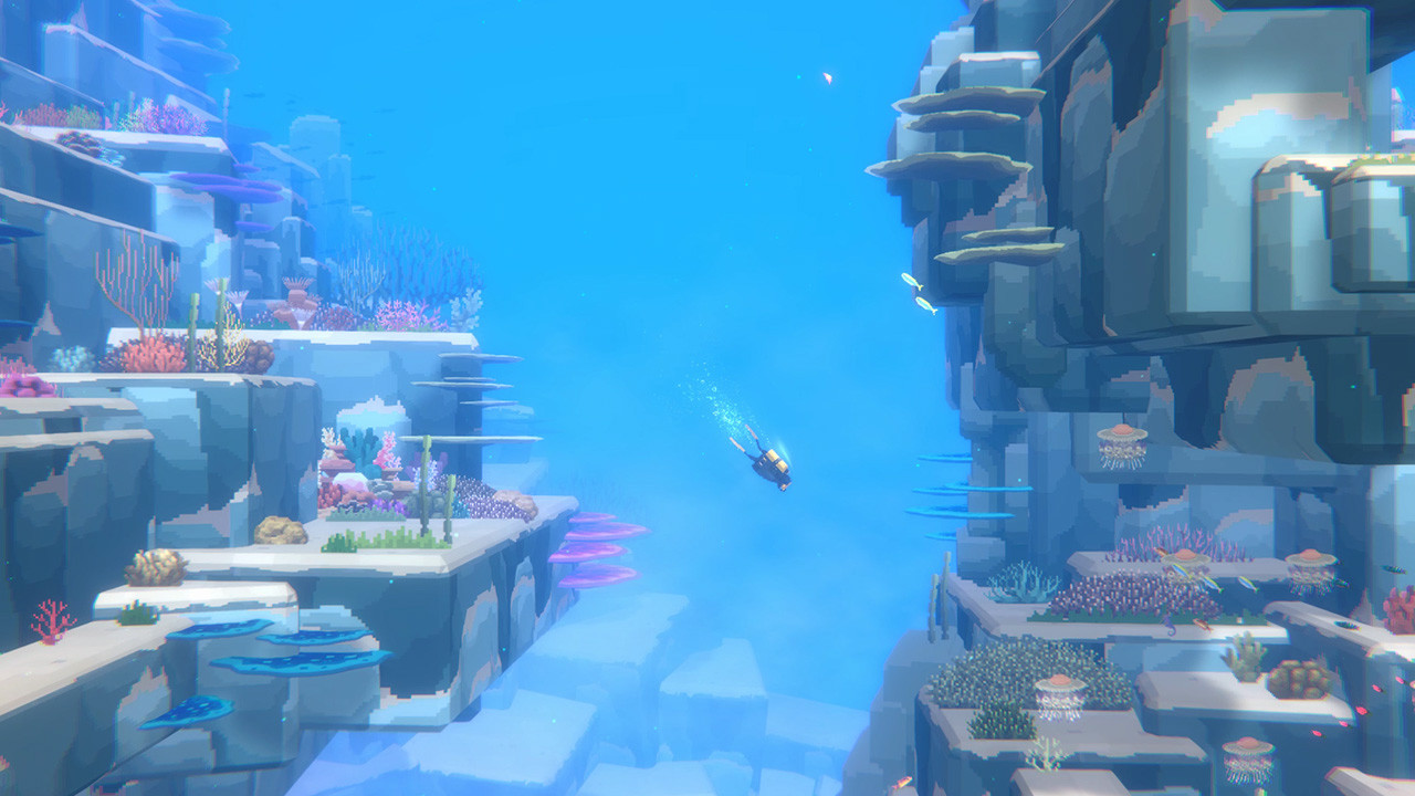 Screen du jeu, un jeu HD-2D, les décors et poissons sont en 3D, les objets et personnages sont en 2D. Ici on a une vue sous-marine avec Dave au milieu de l'écran, qui s'enfonce bas dans le lagon, entouré de récifs et de poissons.