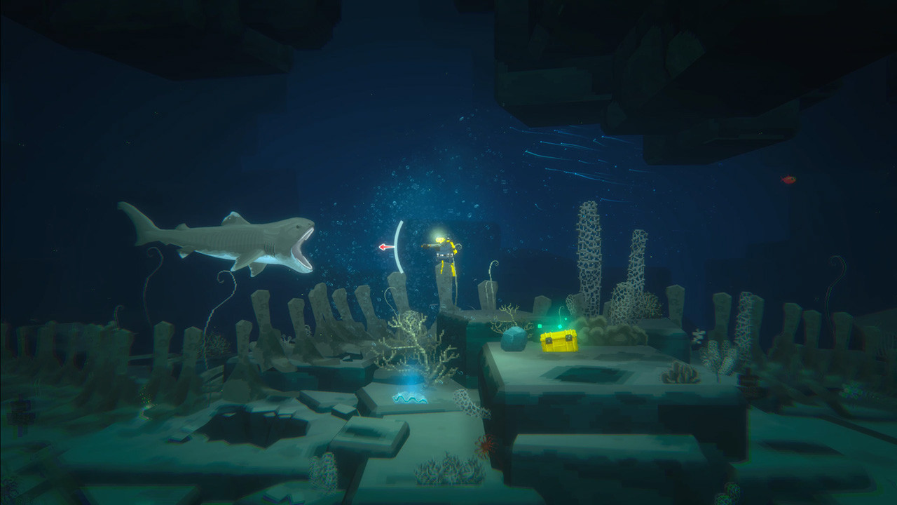 Screen du jeu à une profondeur plus importante, le plongeur fait face à un Requin Grande-Gueule dont la gueule béante est prête à l'avaler, mais le vise avec son fusil.