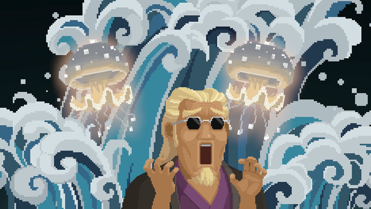 Screen du jeu, une cinématique d'un personnage truculent qui se retrouve métaphoriquement submergé sous les eaux et les méduses après avoir gouté un sushi de méduse.