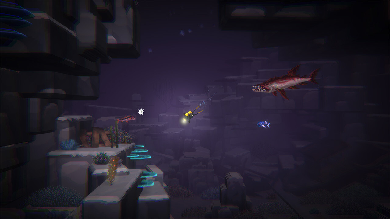 Screen du DLC, notre plongeur est attaqué par de petits poissons bizarres aux yeux rouges, et un gros requin avec une rangée de dents qui ferait pâlir l'union française pour la santé buccodentaire dans son entièreté.