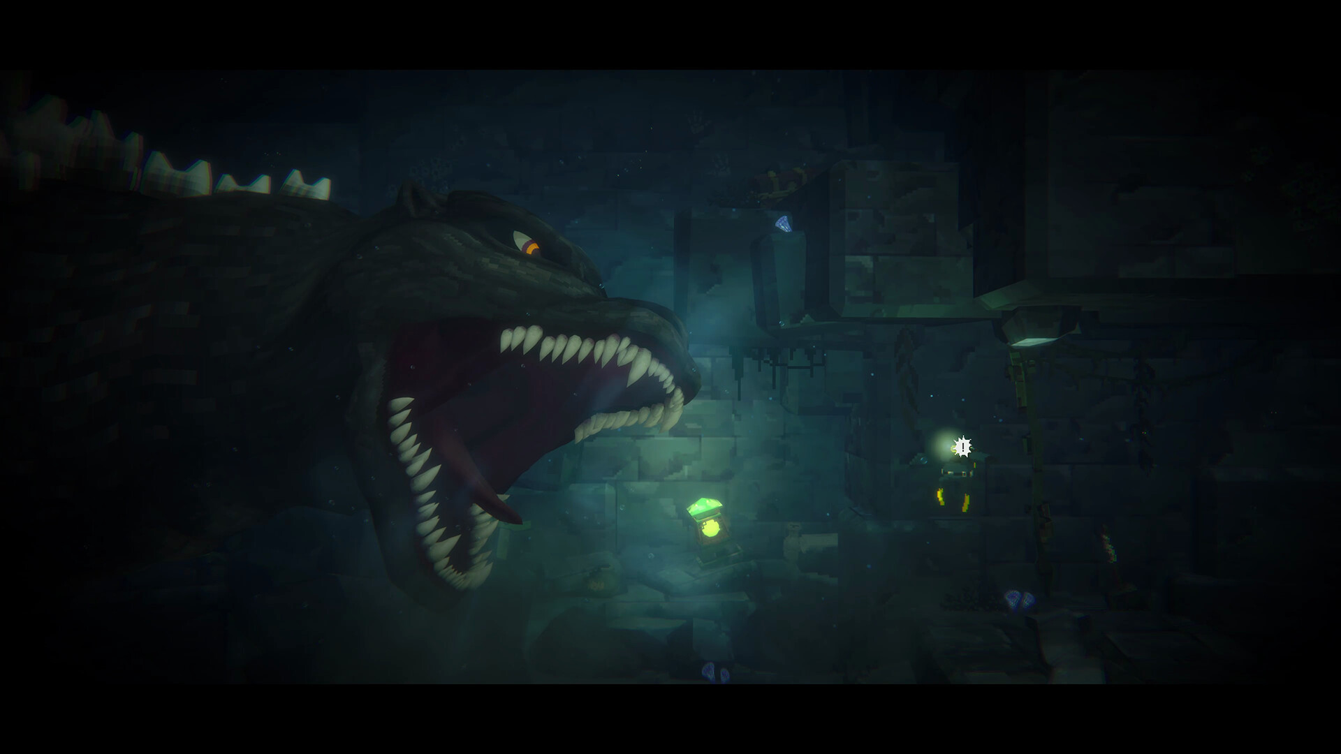 Screen de notre plongeur sous l'eau face à Godzilla. Du moins on voit sa tête et une partie de son cou, l'écran est pas assez grand sinon.