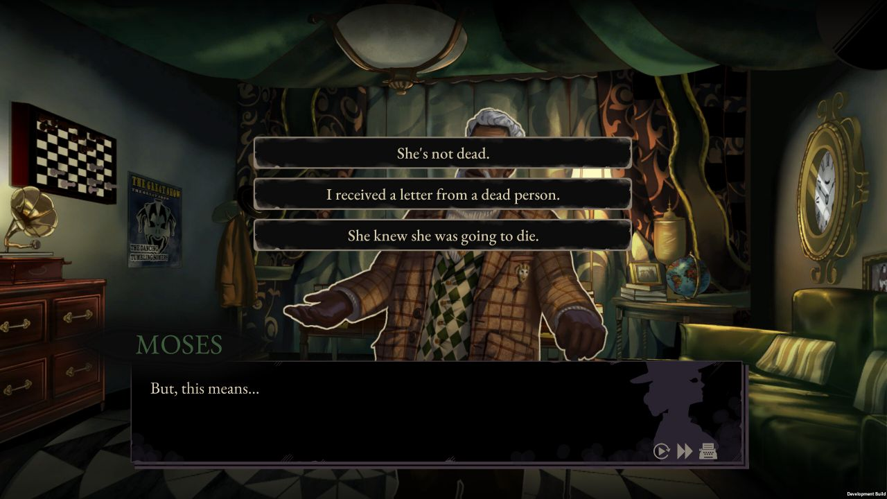 Screenshot d'un autre chapiteau, celui du directeur du cirque qui vous fait face, une personne d'âge moyen avec un pull à carreaux, une canne et une veste à grille. Plusieurs choix de dialogues sont proposés.