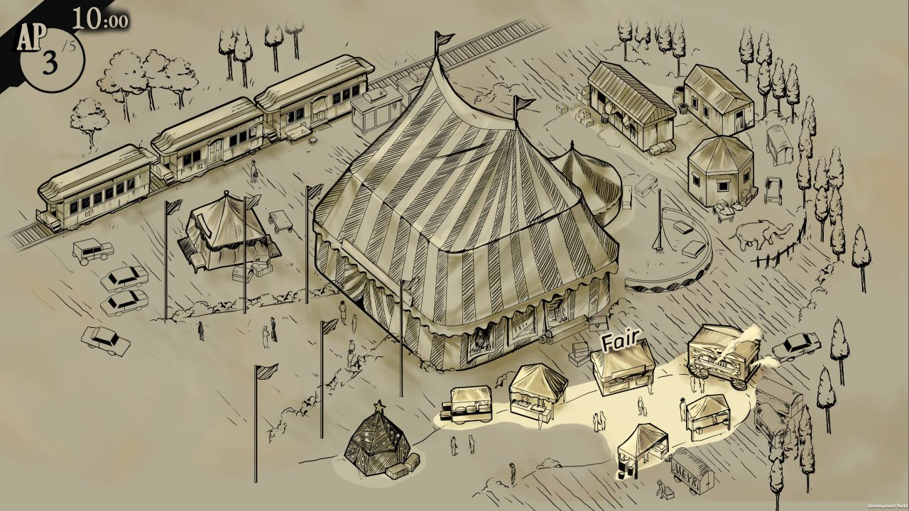 Screenshot de la carte du jeu, un dessin sépia du cirque, représentant le chapiteau principal, plusieurs autres petits chapiteaux, une étable, des charriots, et une ligne de chemin de fer accueillant trois wagons comportant les foyers des artistes.