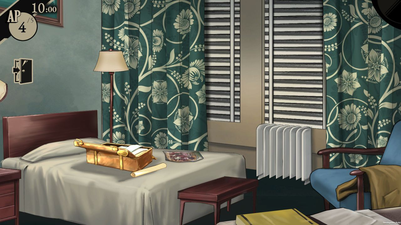 Screenshot d'une scène d'investigation, la chambre de motel du détective, avec des rideaux à fleurs, un lit sur lequel est posé une valise ouverte et l'affiche du cirque.
