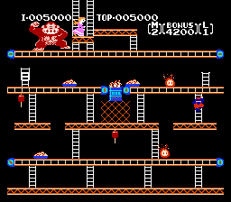 Screen de Donkey Kong Original Edition, un portage du Donkey Kong NES pour la Wii, mais auquel le quatrième niveau de Donkey Kong Arcade a été rajouté. Le screen représente ce niveau restauré. Cette version de Donkey Kong est toujours inédite à la Wii à ce jour.