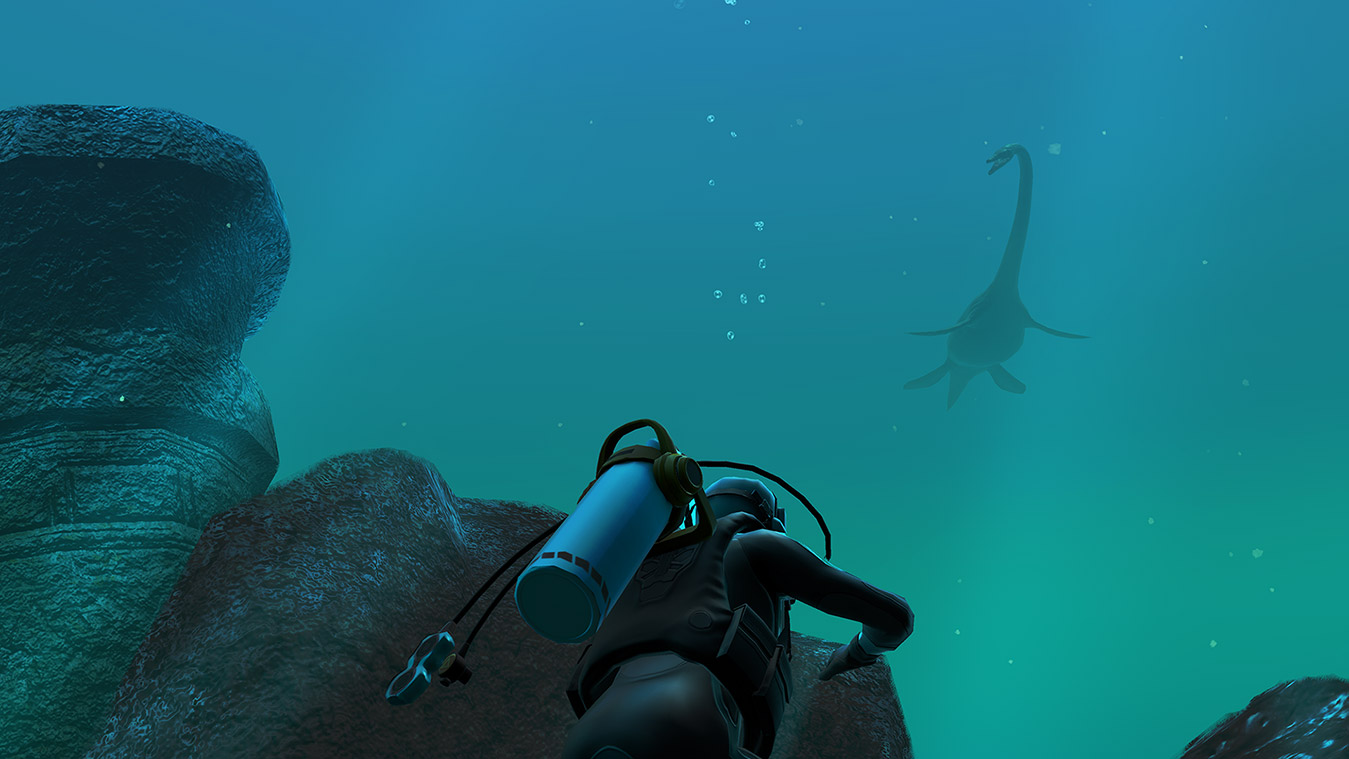 Screen du jeu, notre personnage est caché derrière des rochers en train d'observer une espèce de Nessie.