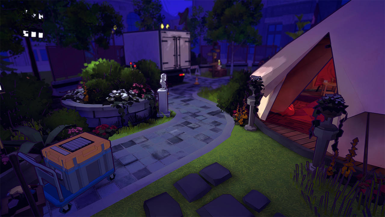 Screenshot du jeu, on est dans un parc municipal de nuit, avec une allée en pierre, un charriot transportant une caisse fermée par un panel de boutons, un camion fermé lui aussi, et une tente ouverte cette fois.