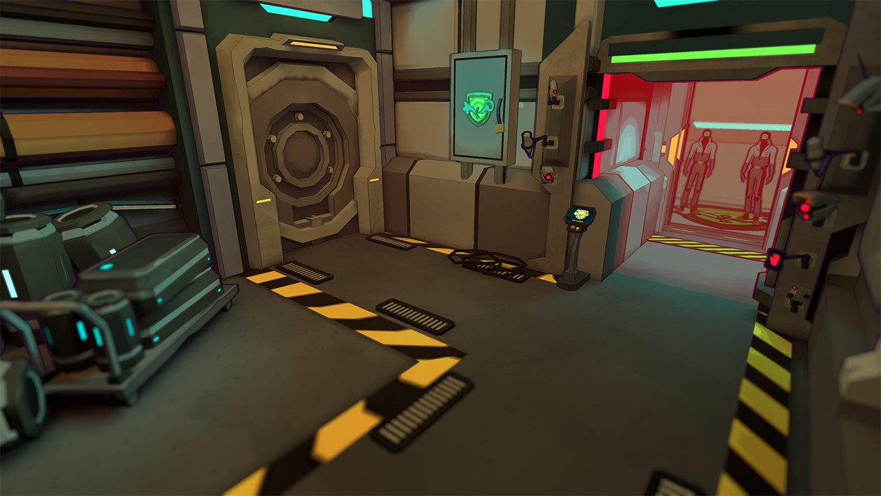 Screenshot du jeu, une base scientifique où tous les éléments à l'écran sont en métal. Y'a une grosse porte, un casier avec un cadenas, un ascenseur avec deux types en combinaison dedans.