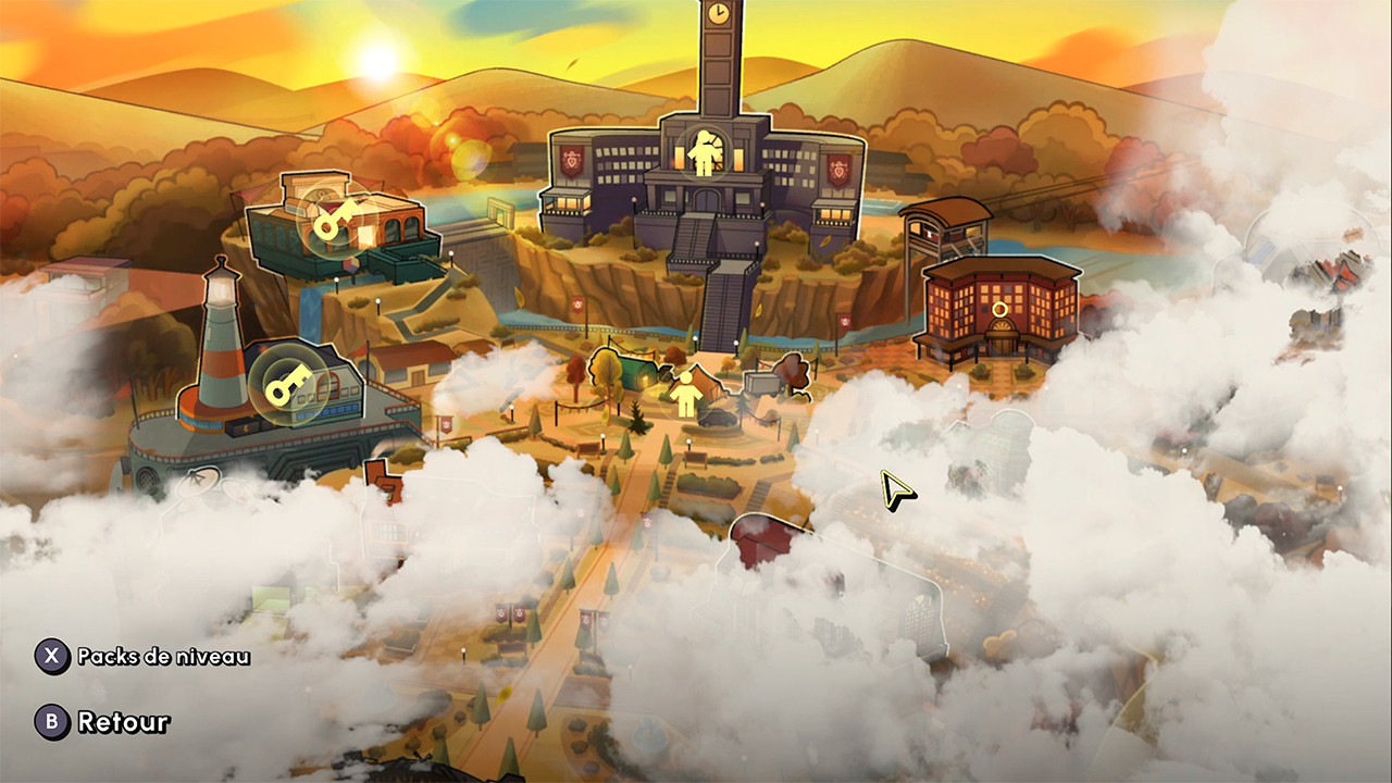 Screenshot du hub du jeu, une "photo aérienne" en 2D de l'académie avec un bâtiment central surmonté d'une tour, trois autres bâtiments autour, une cour centrale, et une bonne partie est masquée par des nuages laissant deviner que d'autres zones sont à débloquer.