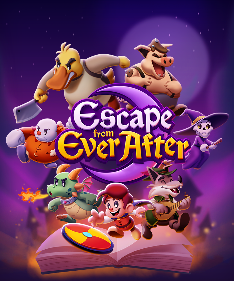 Artwork comprenant les personnages du jeu : le chevalier humain avec son frisbee, un dragon aux pouvoirs restreints, un loup barde, une sorcière squelette, et un canard, un cochon et une taupe qui ont l'air costauds.
