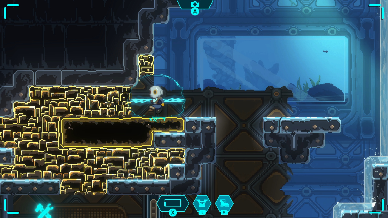 Screenshot du jeu, Ini a formé une bulle translucide autour de lui, lui permettant de passer à travers une roche jaune.