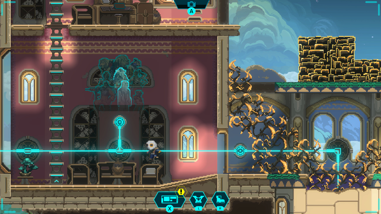 Screenshot du jeu, Ini est en extérieur et oriente des faisceaux lumineux vers différents mécanismes.