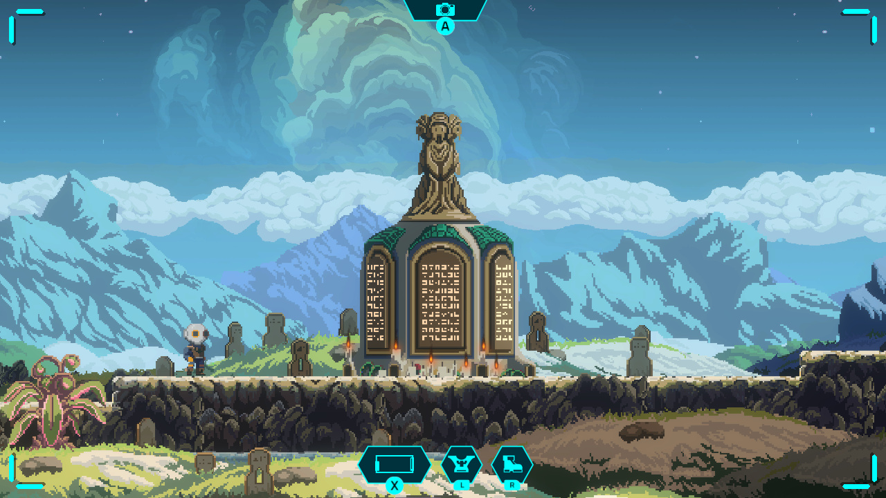 Screenshot du jeu, Ini est en extérieur face à un grand mausolée où sont inscrits les noms des académiciens.