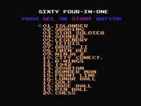 Screen d'un menu affiché au démarrage de ce genre de cartouche, du texte clair sur fond noir indiquant une liste numérotée de 20 jeux dans la police d'écriture typique de la NES.