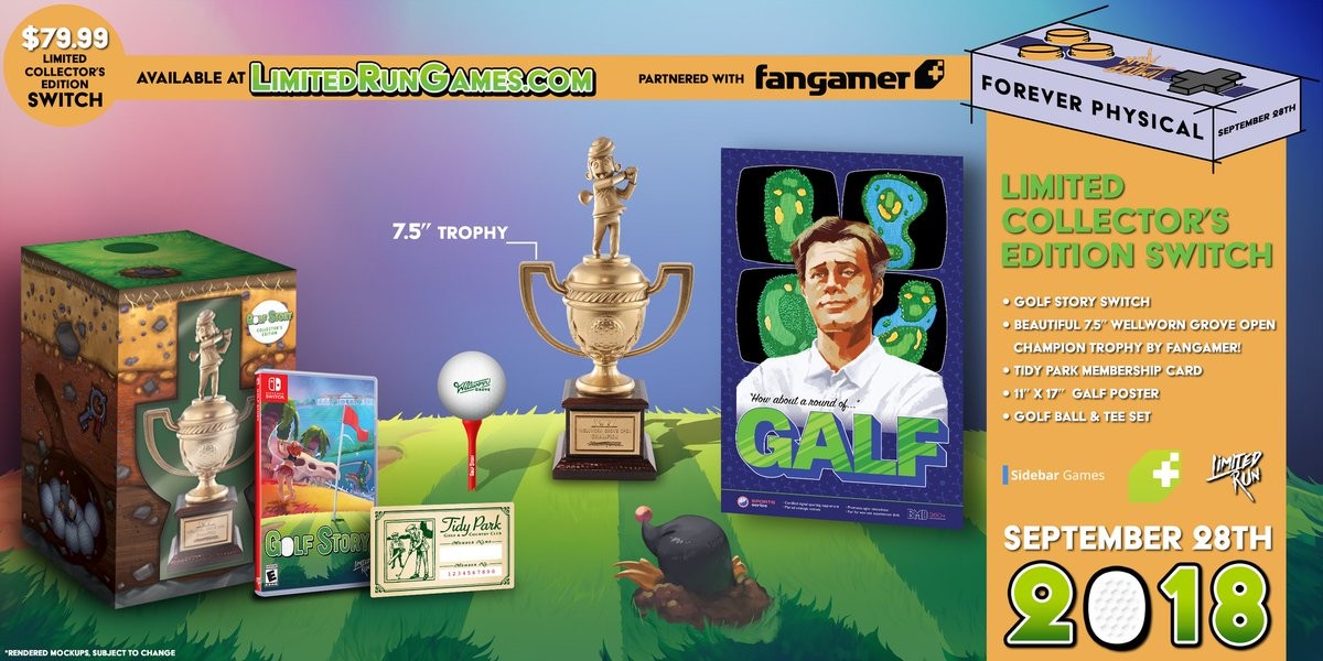 Visuel de promotion de l'édition physique de Golf Story, avec un trophée, une balle de golf et son support, un poster et une carte de membre.