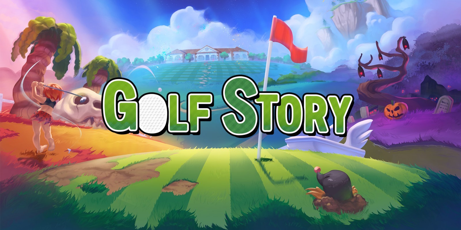 Visuel de promotion du jeu, avec une golfeuse, un paysage désertique, un paysage hanté, un manoir luxueux, une taupe, ...