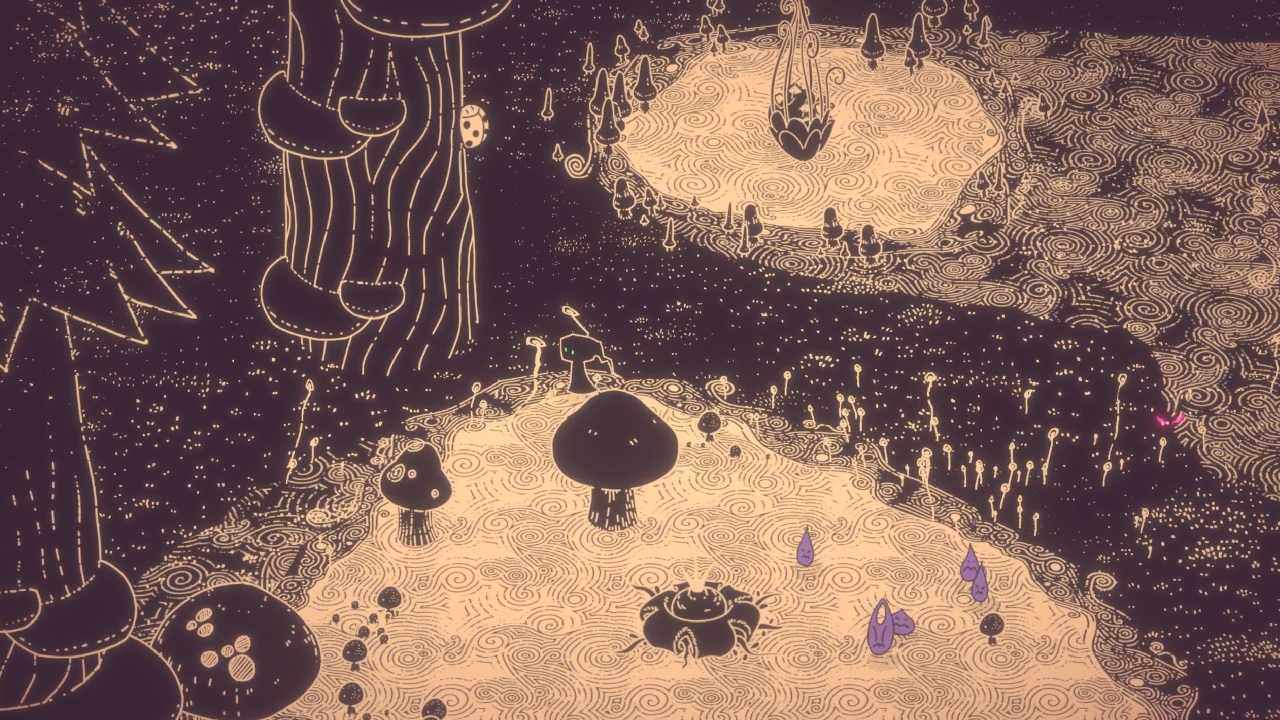 Screenshot du jeu, un jeu essentiellement en deux couleurs en vue du-dessus (une nuance de blanc et une nuance de noir) dans un style dessiné. Ici, les couleurs sont légèrement teintées de brun pour représenter le monde de la forêt. On y voit notre personnage, un petit fantôme noir avec des yeux bleus. La forêt comporte des arbres, des champignons et d'autres plantes, dont une faisant fleurir une bombe. Des gouttes violettes d'esprits sont également éparpillées à un endroit.